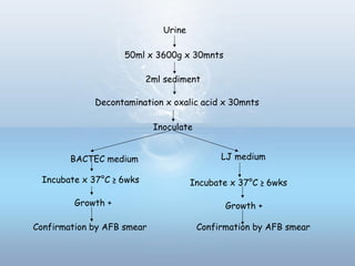 Urine
50ml x 3600g x 30mnts
2ml sediment
Decontamination x oxalic acid x 30mnts
Inoculate
BACTEC medium LJ medium
Incubate x 37°C ≥ 6wks
Growth +
Confirmation by AFB smear
Incubate x 37°C ≥ 6wks
Growth +
Confirmation by AFB smear
 