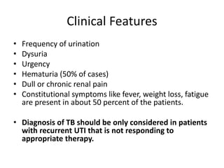 Clinical Features
• Frequency of urination
• Dysuria
• Urgency
• Hematuria (50% of cases)
• Dull or chronic renal pain
• Constitutional symptoms like fever, weight loss, fatigue
are present in about 50 percent of the patients.
• Diagnosis of TB should be only considered in patients
with recurrent UTI that is not responding to
appropriate therapy.
 