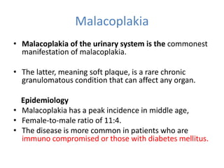 Malacoplakia
• Malacoplakia of the urinary system is the commonest
manifestation of malacoplakia.
• The latter, meaning soft plaque, is a rare chronic
granulomatous condition that can affect any organ.
Epidemiology
• Malacoplakia has a peak incidence in middle age,
• Female-to-male ratio of 11:4.
• The disease is more common in patients who are
immuno compromised or those with diabetes mellitus.
 