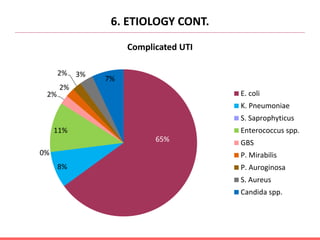 6. ETIOLOGY CONT.
65%
8%
0%
11%
2%
2%
2% 3%
7%
Complicated UTI
E. coli
K. Pneumoniae
S. Saprophyticus
Enterococcus spp.
GBS
P. Mirabilis
P. Auroginosa
S. Aureus
Candida spp.
 