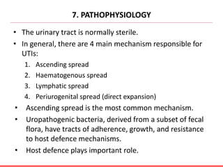 7. PATHOPHYSIOLOGY
• The urinary tract is normally sterile.
• In general, there are 4 main mechanism responsible for
UTIs:
1. Ascending spread
2. Haematogenous spread
3. Lymphatic spread
4. Periurogenital spread (direct expansion)
• Ascending spread is the most common mechanism.
• Uropathogenic bacteria, derived from a subset of fecal
flora, have tracts of adherence, growth, and resistance
to host defence mechanisms.
• Host defence plays important role.
 