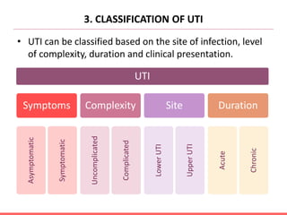 3. CLASSIFICATION OF UTI
• UTI can be classified based on the site of infection, level
of complexity, duration and clinical presentation.
UTI
Symptoms
Asymptomatic
Symptomatic
Complexity
Uncomplicated
Complicated
Site
Lower
UTI
Upper
UTI
Duration
Acute
Chronic
 