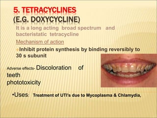 5. TETRACYCLINES
(E.G. DOXYCYCLINE)
It is a long acting broad spectrum and
bacteristatic tetracycline
Mechanism of action
Inhibit protein synthesis by binding reversibly to
30 s subunit
•Uses: Treatment of UTI’s due to Mycoplasma & Chlamydia,
Adverse effects- Discoloration of
teeth
phototoxicity
 