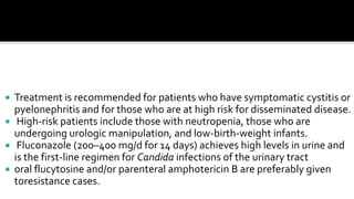  Treatment is recommended for patients who have symptomatic cystitis or
  pyelonephritis and for those who are at high risk for disseminated disease.
 High-risk patients include those with neutropenia, those who are
  undergoing urologic manipulation, and low-birth-weight infants.
 Fluconazole (200–400 mg/d for 14 days) achieves high levels in urine and
  is the first-line regimen for Candida infections of the urinary tract
 oral flucytosine and/or parenteral amphotericin B are preferably given
  toresistance cases.
 