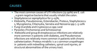    The most common causes of UTI infections (75-90%) are E. coli
    , a gram negetive bacteria that usually inhabit the colon.
   Staphylococcus saprophyticus for 5–15%,
   Klebsiella, Pseudomonas, Enterobacter, Proteus, Staphylococcu
    s, Mycoplasma, Chlamydia, Serratia and Neisseria spp.).-5-10%
   Fungi (Candida and Cryptococcus spp.) and
   Parasites (Trichomonas and Schistosoma)
    Klebsiella and group B streptococcus infections are relatively
    more common in patients with diabetes, and Pseudomonas
    infections are relatively more common in patients with chronic
    catheterization. Proteus mirabilis i s a c common uropathogen
    in patients with indwelling catheters, spinal cord injuries, or
    structural abnormalities of the urinary tract.
 