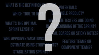 what is the definition of done?
what’s the optimal
sprint length?
what the testers are doing
in the beginning of the sprint?
who approves vacations?
estimate using story points?
stabilization sprints?
which tool to use?
digital boards or sticky notes?
potentials
shippable product?
feature teams or
component teams??
 