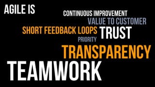 teamwork
trust
transparency
short feedback loops
priority
value to customer
agile is continuous improvement
 