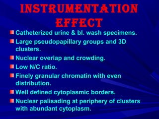 instrUmentation
effeCt
Catheterized urine & bl. wash specimens.Catheterized urine & bl. wash specimens.
Large pseudopapillary groups and 3DLarge pseudopapillary groups and 3D
clusters.clusters.
Nuclear overlap and crowding.Nuclear overlap and crowding.
Low N/C ratio.Low N/C ratio.
Finely granular chromatin with evenFinely granular chromatin with even
distribution.distribution.
Well defined cytoplasmic borders.Well defined cytoplasmic borders.
Nuclear palisading at periphery of clustersNuclear palisading at periphery of clusters
with abundant cytoplasm.with abundant cytoplasm.
 