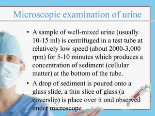 Microscopic examination of urine
• A sample of well-mixed urine (usually
10-15 ml) is centrifuged in a test tube at
relatively low speed (about 2000-3,000
rpm) for 5-10 minutes which produces a
concentration of sediment (cellular
matter) at the bottom of the tube.
• A drop of sediment is poured onto a
glass slide, a thin slice of glass (a
coverslip) is place over it ond observed
under microscope
 