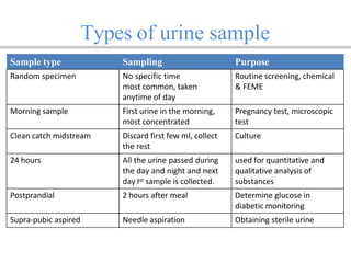 Types of urine sample
Sample type Sampling Purpose
Random specimen No specific time
most common, taken
anytime of day
Routine screening, chemical
& FEME
Morning sample First urine in the morning,
most concentrated
Pregnancy test, microscopic
test
Clean catch midstream Discard first few ml, collect
the rest
Culture
24 hours All the urine passed during
the day and night and next
day Ist sample is collected.
used for quantitative and
qualitative analysis of
substances
Postprandial 2 hours after meal Determine glucose in
diabetic monitoring
Supra-pubic aspired Needle aspiration Obtaining sterile urine
 