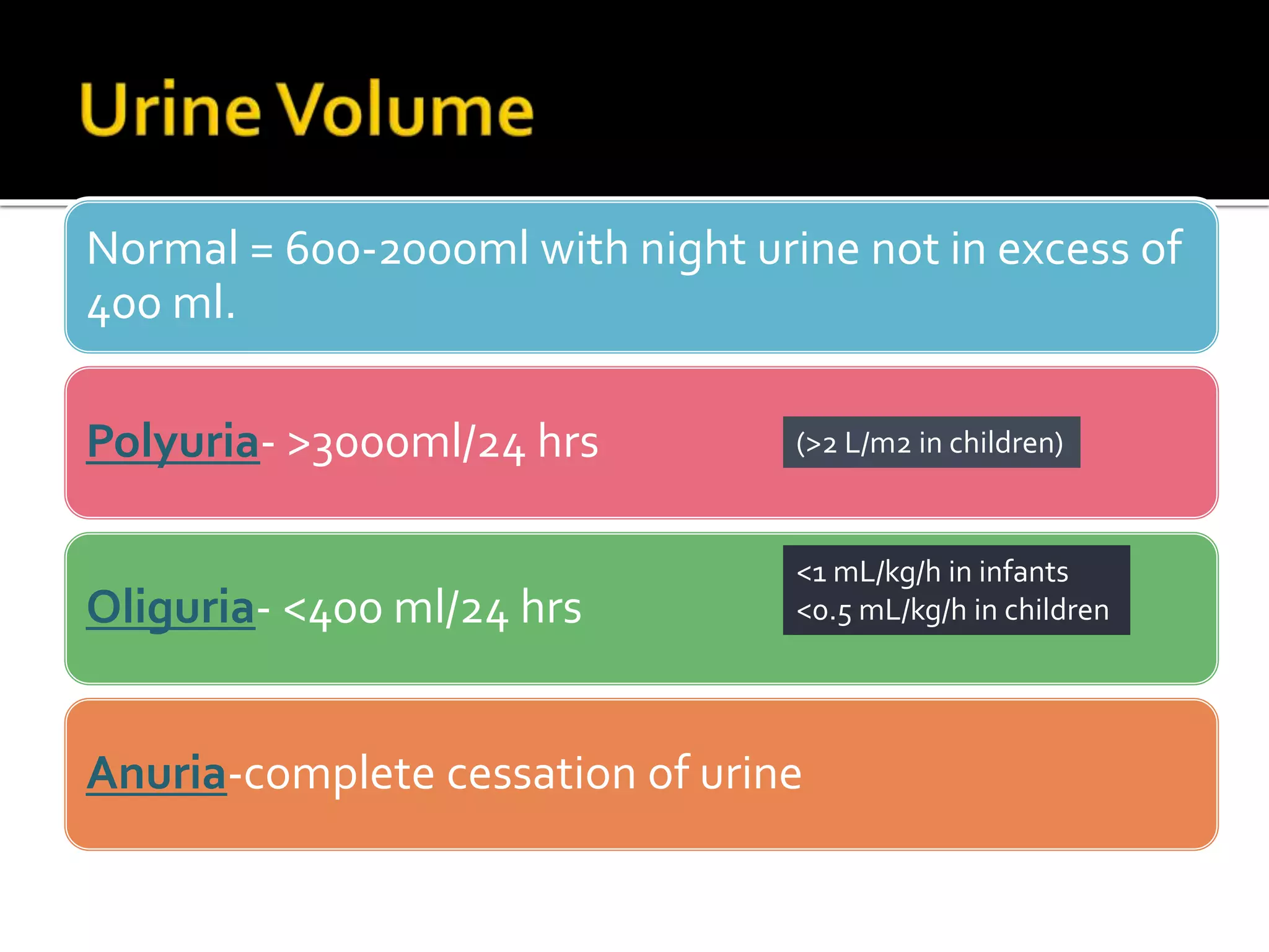 Normal = 600-2000ml with night urine not in excess of
400 ml.
Polyuria- >3000ml/24 hrs
Oliguria- <400 ml/24 hrs
Anuria-complete cessation of urine
(>2 L/m2 in children)
<1 mL/kg/h in infants
<0.5 mL/kg/h in children
 