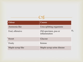 
 Turbidity
Normal: Clear
Turbid urine may be seen in the setting of infection,
or as a result of precipitated crystals or chyluria
 Odour
Normal: Aromatic
Abnormal odours
Odour Causes
Ammonia like Urea splitting organisms
Foul, offensive Old specimen, pus or
inflammation
Sweet Glucose
Fruity Ketone
Maple syrup like Maple syrup urine disease
 