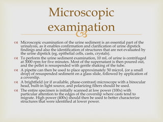 
 Microscopic examination of the urine sediment is an essential part of the
urinalysis, as it enables confirmation and clarification of urine dipstick
findings and also the identification of structures that are not evaluated by
the urine dipstick (eg, epithelial cells, casts, crystals).
 To perform the urine sediment examination, 10 mL of urine is centrifuged
at 3000 rpm for five minutes. Most of the supernatant is then poured out,
and the pellet is resuspended with gentle shaking of the tube.
 A pipette can then be used to place approximately 50 microL (or a small
drop) of resuspended sediment on a glass slide, followed by application of
a coverslip.
 A brightfield (or if available, phase-contrast) microscope with a binocular
head, built-in light source, and polarizing filters should be used.
 The entire specimen is initially scanned at low power (100x) with
particular attention to the edges of the coverslip where casts tend to
migrate. High power (400x) should then be used to better characterize
structures that were identified at lower power.
Microscopic
examination
 