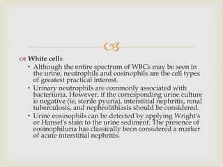
 White cells
• Although the entire spectrum of WBCs may be seen in
the urine, neutrophils and eosinophils are the cell types
of greatest practical interest.
• Urinary neutrophils are commonly associated with
bacteriuria. However, if the corresponding urine culture
is negative (ie, sterile pyuria), interstitial nephritis, renal
tuberculosis, and nephrolithiasis should be considered.
• Urine eosinophils can be detected by applying Wright's
or Hansel's stain to the urine sediment. The presence of
eosinophiluria has classically been considered a marker
of acute interstitial nephritis.
 