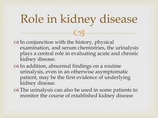 
 In conjunction with the history, physical
examination, and serum chemistries, the urinalysis
plays a central role in evaluating acute and chronic
kidney disease.
 In addition, abnormal findings on a routine
urinalysis, even in an otherwise asymptomatic
patient, may be the first evidence of underlying
kidney disease.
 The urinalysis can also be used in some patients to
monitor the course of established kidney disease
Role in kidney disease
 
