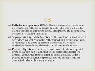 
 Catheterized specimen (CSU): These specimens are obtained
by inserting a catheter or sterile flexible tube into the bladder
via the urethra to withdraw urine. This procedure is done only
by specially trained personnel
 Suprapubic Aspiration Specimen: This method is used when a
bedridden patient cannot be catheterized or a sterile specimen
is required. The urine specimen is collected by needle
aspiration through the abdominal wall into the bladder.
 Pediatric Specimen: For infants and small children, a special
urine collection bag is adhered to the skin surrounding the
urethral area. Once the collection is completed, the urine is
poured into a collection cup or transferred directly into an
evacuated tube with a transfer straw.
 