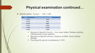 Physical examination continued…
 Specific gravity : Normal :- 1.001- 1.040.
 Increase in Specific Gravity - Low water intake, Diabetes mellitus,
Albuminuruia,Acute nephritis.
 Decrease in Specific Gravity -Absence ofADH, Renal Tubular
damage.
 Fixed specific gravity (isosthenuria)=1.010
 
