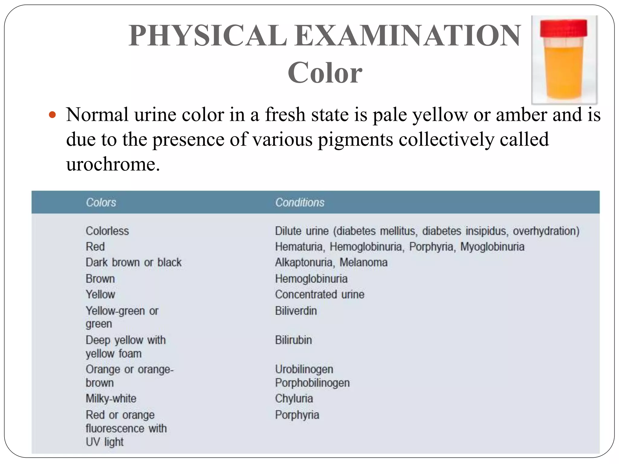 PHYSICAL EXAMINATION
Color
 Normal urine color in a fresh state is pale yellow or amber and is
due to the presence of various pigments collectively called
urochrome.
 