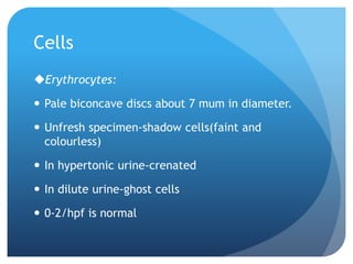 Cells
Erythrocytes:
 Pale biconcave discs about 7 mum in diameter.
 Unfresh specimen-shadow cells(faint and
colourless)
 In hypertonic urine-crenated
 In dilute urine-ghost cells
 0-2/hpf is normal
 