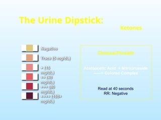 Negative
Trace (5 mg/dL)
+ (15
mg/dL)
++ (40
mg/dL)
+++ (80
mg/dL)
++++ (160+
mg/dL)
The Urine Dipstick:
Ketones
Acetoacetic Acid + Nitroprusside
------> Colored Complex
Chemical Principle
Read at 40 seconds
RR: Negative
 