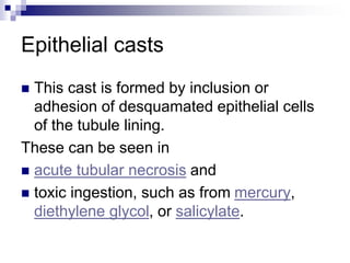 Epithelial casts
 This cast is formed by inclusion or
adhesion of desquamated epithelial cells
of the tubule lining.
These can be seen in
 acute tubular necrosis and
 toxic ingestion, such as from mercury,
diethylene glycol, or salicylate.
 
