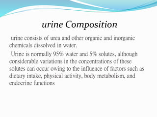 urine Composition
urine consists of urea and other organic and inorganic
chemicals dissolved in water.
Urine is normally 95% water and 5% solutes, although
considerable variations in the concentrations of these
solutes can occur owing to the influence of factors such as
dietary intake, physical activity, body metabolism, and
endocrine functions
 