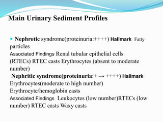 Main Urinary Sediment Profiles
 Nephrotic syndrome(proteinuria:++++) Hallmark Fatty
particles
Associated Findings Renal tubular epithelial cells
(RTECs) RTEC casts Erythrocytes (absent to moderate
number)
Nephritic syndrome(proteinuria:+ → ++++) Hallmark
Erythrocytes(moderate to high number)
Erythrocyte/hemoglobin casts
Associated Findings Leukocytes (low number)RTECs (low
number) RTEC casts Waxy casts
 