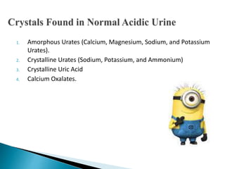 1. Amorphous Urates (Calcium, Magnesium, Sodium, and Potassium
Urates).
2. Crystalline Urates (Sodium, Potassium, and Ammonium)
3. Crystalline Uric Acid
4. Calcium Oxalates.
 