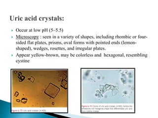  Occur at low pH (5–5.5)
 Microscopy : seen in a variety of shapes, including rhombic or four-
sided flat plates, prisms, oval forms with pointed ends (lemon-
shaped), wedges, rosettes, and irregular plates.
 Appear yellow-brown, may be colorless and hexagonal, resembling
cystine
 