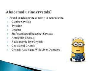  Found in acidic urine or rarely in neutral urine.
1. Cystine Crystals
2. Tyrosine
3. Leucine
4. Sulfonamide(sulfadiazine) Crystals
5. Ampicillin Crystals
6. Radiographic Dye Crystals
7. Cholesterol Crystals
8. Crystals Associated With Liver Disorders
 