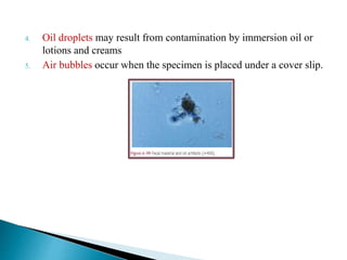 4. Oil droplets may result from contamination by immersion oil or
lotions and creams
5. Air bubbles occur when the specimen is placed under a cover slip.
 