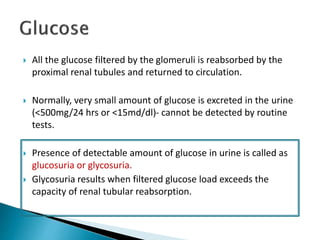  All the glucose filtered by the glomeruli is reabsorbed by the
proximal renal tubules and returned to circulation.
 Normally, very small amount of glucose is excreted in the urine
(<500mg/24 hrs or <15md/dl)- cannot be detected by routine
tests.
 Presence of detectable amount of glucose in urine is called as
glucosuria or glycosuria.
 Glycosuria results when filtered glucose load exceeds the
capacity of renal tubular reabsorption.
 