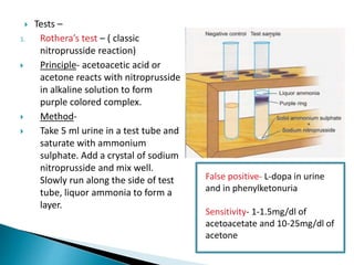  Tests –
1. Rothera’s test – ( classic
nitroprusside reaction)
 Principle- acetoacetic acid or
acetone reacts with nitroprusside
in alkaline solution to form
purple colored complex.
 Method-
 Take 5 ml urine in a test tube and
saturate with ammonium
sulphate. Add a crystal of sodium
nitroprusside and mix well.
Slowly run along the side of test
tube, liquor ammonia to form a
layer.
False positive- L-dopa in urine
and in phenylketonuria
Sensitivity- 1-1.5mg/dl of
acetoacetate and 10-25mg/dl of
acetone
 