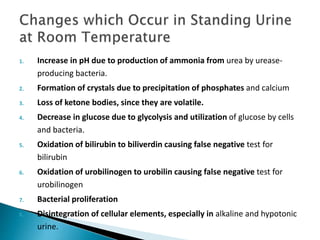 1. Increase in pH due to production of ammonia from urea by urease-
producing bacteria.
2. Formation of crystals due to precipitation of phosphates and calcium
3. Loss of ketone bodies, since they are volatile.
4. Decrease in glucose due to glycolysis and utilization of glucose by cells
and bacteria.
5. Oxidation of bilirubin to biliverdin causing false negative test for
bilirubin
6. Oxidation of urobilinogen to urobilin causing false negative test for
urobilinogen
7. Bacterial proliferation
8. Disintegration of cellular elements, especially in alkaline and hypotonic
urine.
 