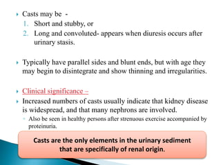  Casts may be -
1. Short and stubby, or
2. Long and convoluted- appears when diuresis occurs after
urinary stasis.
 Typically have parallel sides and blunt ends, but with age they
may begin to disintegrate and show thinning and irregularities.
 Clinical significance –
 Increased numbers of casts usually indicate that kidney disease
is widespread, and that many nephrons are involved.
◦ Also be seen in healthy persons after strenuous exercise accompanied by
proteinuria.
Casts are the only elements in the urinary sediment
that are specifically of renal origin.
 
