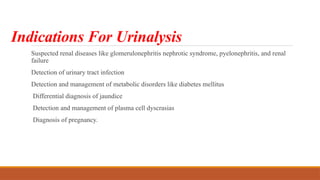 Indications For Urinalysis
Suspected renal diseases like glomerulonephritis nephrotic syndrome, pyelonephritis, and renal
failure
Detection of urinary tract infection
Detection and management of metabolic disorders like diabetes mellitus
Differential diagnosis of jaundice
Detection and management of plasma cell dyscrasias
Diagnosis of pregnancy.
 