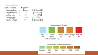 Interpretation
Blue solution – Negative
Green colour - Traces [<0.5gm/dL]
Green brown - + [0.5 - 1%]
yellow ppt - ++ [1 – 1.5%]
Orange ppt - +++ [1.5 - 2%]
Brick red ppt - ++++ [>2.0gm/dL]
 