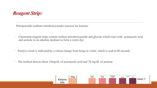 Reagent Strip:
Nitroprusside (sodium nitroferricyanide) reaction for ketones
- Chemistrip reagent strips contain sodium nitroferricyanide and glycine which react with acetoacetic acid
and acetone in an alkaline medium to form a violet dye
- Positive result is indicated by a colour change from beige to violet, which is read at 60 seconds
- The method detects about 10mg/dL of acetoacetic acid and 70 mg/dL of acetone
 
