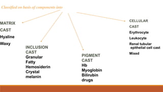Classified on basis of components into
MATRIX
CAST
Hyaline
Waxy
CELLULAR
CAST
Erythrocyte
Leukocyte
Renal tubular
epithelial cell cast
Mixed
INCLUSION
CAST
Granular
Fatty
Hemosiderin
Crystal
melanin
PIGMENT
CAST
Hb
Myoglobin
Bilirubin
drugs
 