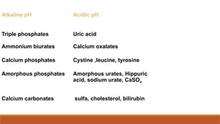 Alkaline pH Acidic pH
Triple phosphates Uric acid
Ammonium biurates Calcium oxalates
Calcium phosphates Cystine ,leucine, tyrosine
Amorphous phosphates Amorphous urates, Hippuric
acid, sodium urate, CaSO4
Calcium carbonates sulfa, cholesterol, bilirubin
 