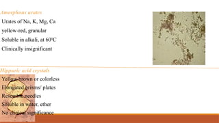 Amorphous urates
Urates of Na, K, Mg, Ca
yellow-red, granular
Soluble in alkali, at 600
C
Clinically insignificant
Hippuric acid crystals
Yellow brown or colorless
Elongated prisms/ plates
Resemble needles
Soluble in water, ether
No clinical significance
 