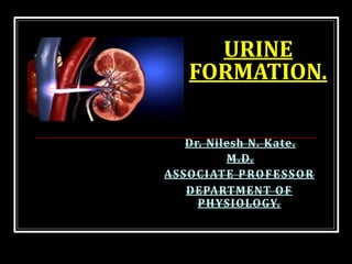 URINE
FORMATION.
Dr. Nilesh N. Kate.
M.D.
ASSOCIATE PROFESSOR
DEPARTMENT OF
PHYSIOLOGY.
 