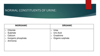 NORMAL CONSTITUENTS OF URINE:
INORGANIC ORGANIC
o Chloride
o Sulphate
o Calcium
o Inorganic phosphate
o Ammonia
o Urea
o Uric Acid
o Creatinine
o Organic sulphate
 