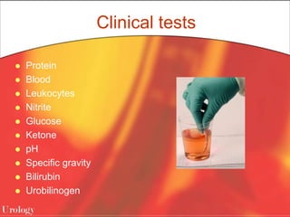 Clinical tests
 Protein
 Blood
 Leukocytes
 Nitrite
 Glucose
 Ketone
 pH
 Specific gravity
 Bilirubin
 Urobilinogen
 