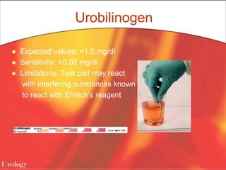 Urobilinogen
 Expected values: <1.0 mg/dl
 Sensitivity: >0.02 mg/dl
 Limitations: Test pad may react
with interfering substances known
to react with Ehrlich’s reagent
 