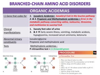 ORGANIC ACIDEMIAS
(-) Gene that codes for 1. Isovaleric Acidemia= Isovaleryl CoA in the leucine pathway
2. & 3. Propionic and Methylmalonic acidemias = Error in the
metabolic pathway converting valine, isoleucine, threonine,
and methionine to succinyl CoA
Clinical
manifestations
1. Sweaty feet odor of urine
2. & 3  Early severe illness, vomiting, metabolic acidosis,
hypoglycemia, increased serum ammonia, ketonuria
Abnormal Urinary
constituents
Isovalerylglycine
Propionic and methylmalonic acid
Tests Methylmalonic acidemias :
P-nitroaniline test = (+) Emerald green
 