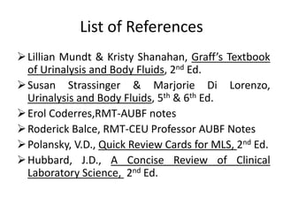 List of References
Lillian Mundt & Kristy Shanahan, Graff’s Textbook
of Urinalysis and Body Fluids, 2nd Ed.
Susan Strassinger & Marjorie Di Lorenzo,
Urinalysis and Body Fluids, 5th & 6th Ed.
Erol Coderres,RMT-AUBF notes
Roderick Balce, RMT-CEU Professor AUBF Notes
Polansky, V.D., Quick Review Cards for MLS, 2nd Ed.
Hubbard, J.D., A Concise Review of Clinical
Laboratory Science, 2nd Ed.
 