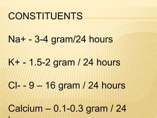 CONSTITUENTS
Na+ - 3-4 gram/24 hours
K+ - 1.5-2 gram / 24 hours
Cl- - 9 – 16 gram / 24 hours
Calcium – 0.1-0.3 gram / 24
 