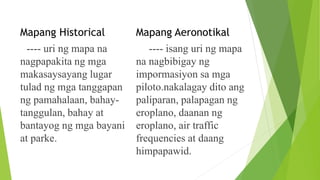 Mapang Historical
---- uri ng mapa na
nagpapakita ng mga
makasaysayang lugar
tulad ng mga tanggapan
ng pamahalaan, bahay-
tanggulan, bahay at
bantayog ng mga bayani
at parke.
Mapang Aeronotikal
---- isang uri ng mapa
na nagbibigay ng
impormasiyon sa mga
piloto.nakalagay dito ang
paliparan, palapagan ng
eroplano, daanan ng
eroplano, air traffic
frequencies at daang
himpapawid.
 