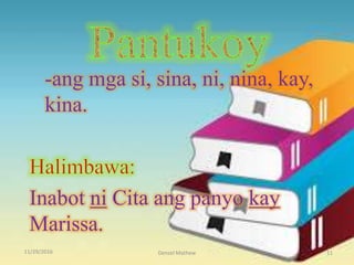 11/29/2016 Denzel Mathew 11
-ang mga si, sina, ni, nina, kay,
kina.
Inabot ni Cita ang panyo kay
Marissa.
 